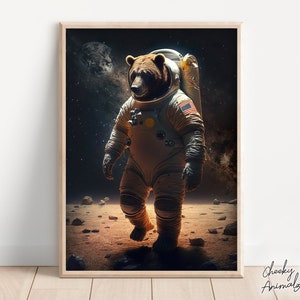 Astronaut Bear, Funny Animals in Space Print, Grizzly Bear in a Spacesuit, Bear Wall Art, Quirky Animal Humor, Printables, AI Digital Art