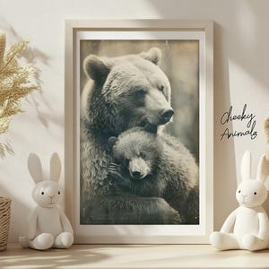 Mom & Baby Bear, Cute Animal Wall Art, Nursery Room Prints, Cute Vintage Style Animal Photo, Bedroom Decor, Mommy and Me, Printable AI Art