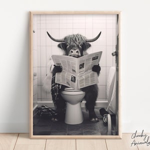 Highland Cow Sitting on the Toilet Reading a Newspaper, Funny Bathroom Wall Decor, Funny Animal Print, Home Printables, AI Digital Art
