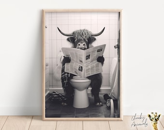 Highland Cow Sitting on the Toilet Reading a Newspaper, Funny Bathroom Wall Decor, Funny Animal Print, Home Printables, AI Digital Art