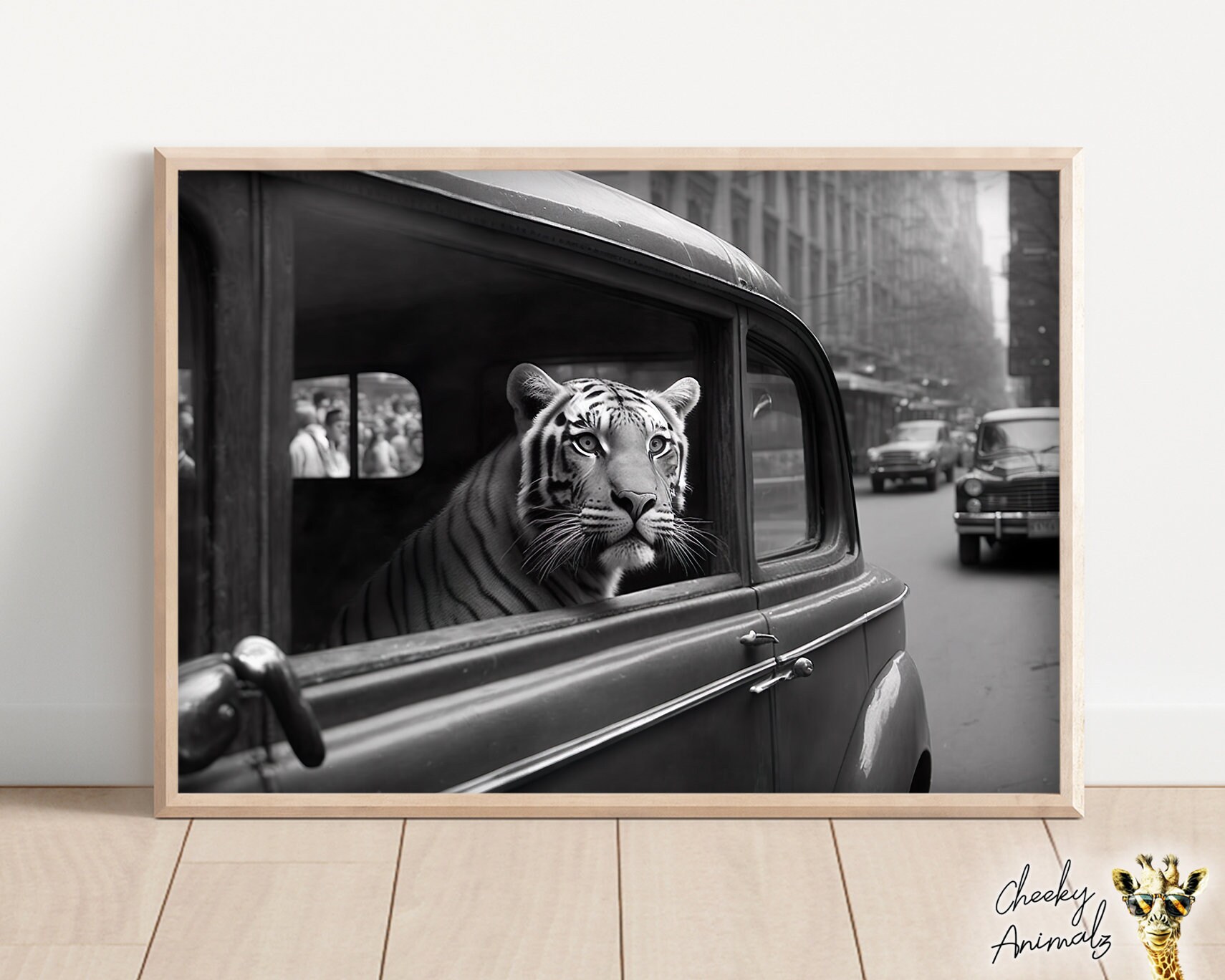 ニューヨークの車に乗った虎のヴィンテージ写真 - 面白い動物AIアート