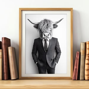 Highland Cow Wearing a Business Suit, Funny Office Wall Art, Funny Animal Prints, Stylish Black and White Animal Photo, Printable AI Art