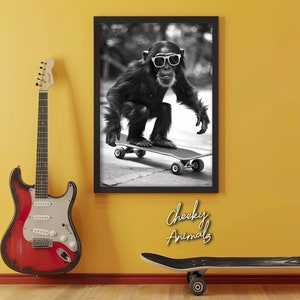 Monkey Skateboarding, Funny Animal Wall Art, Monkey on Skateboard, Funny Monkey Photo, Funny Animal Photography, Home Printables, AI Art