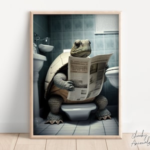 Tortuga sentada en el inodoro leyendo un periódico, humor divertido en el baño, decoración de pared, estampado animal divertido, tortuga, imprimibles, arte digital con IA