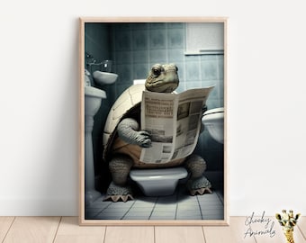 Tortoise Sitting on the Toilet Reading a Newspaper, Funny Bathroom Humor, Wall Decor, Funny Animal Print, Turtle, Printables, AI Digital Art