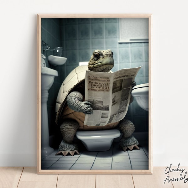 Tortoise Sitting on the Toilet Reading a Newspaper, Funny Bathroom Humor, Wall Decor, Funny Animal Print, Turtle, Printables, AI Digital Art