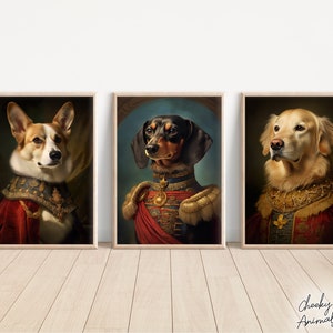 May include: Three framed dog portraits in regal attire. A Corgi, a Dachshund, and a Golden Retriever are depicted in ornate clothing, reminiscent of historical portraits. The artwork features rich colours and detailed textures, creating a sophisticated aesthetic.