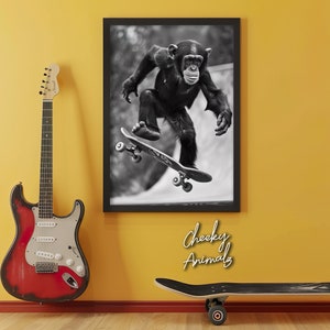 Monkey Skateboarding, Funny Animal Wall Art, Monkey on Skateboard, Funny Monkey Photo, Funny Animal Photography, Home Printables, AI Art