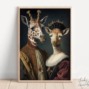 Aristocratic Giraffe Couple, Funny Animal Art, Renaissance Painting, Mr and Mrs Giraffe, His and Hers, Bedroom Decor, Printables, AI Created