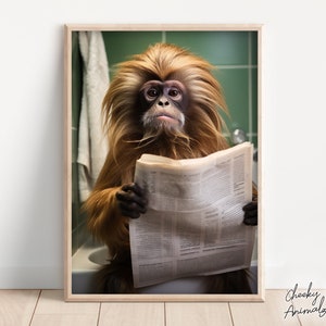 Tamarin Monkey Sitting on the Toilet Reading a Newspaper, Funny Bathroom Wall Art, Funny Monkey Print, Animal Photo, Printables, AI Art