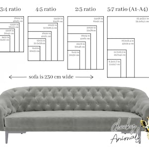 May include: A gray tufted sofa with a wide seat and curved arms. The sofa is 230 cm wide. A diagram shows different aspect ratios for artwork, including 3:4, 4:5, 2:3, and 5:7. The text "sofa is 230 cm wide" is written below the diagram. The text "Cheeky Animalz" is written in white on a black background in the lower right corner of the image. A giraffe wearing sunglasses is in the lower right corner of the image.