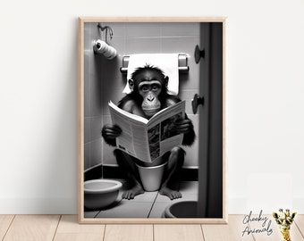 Monkey Sitting on the Toilet Reading a Newspaper, Funny Bathroom Wall Decor, Funny & Quirky Animal Print, Home Printables, AI Digital Art