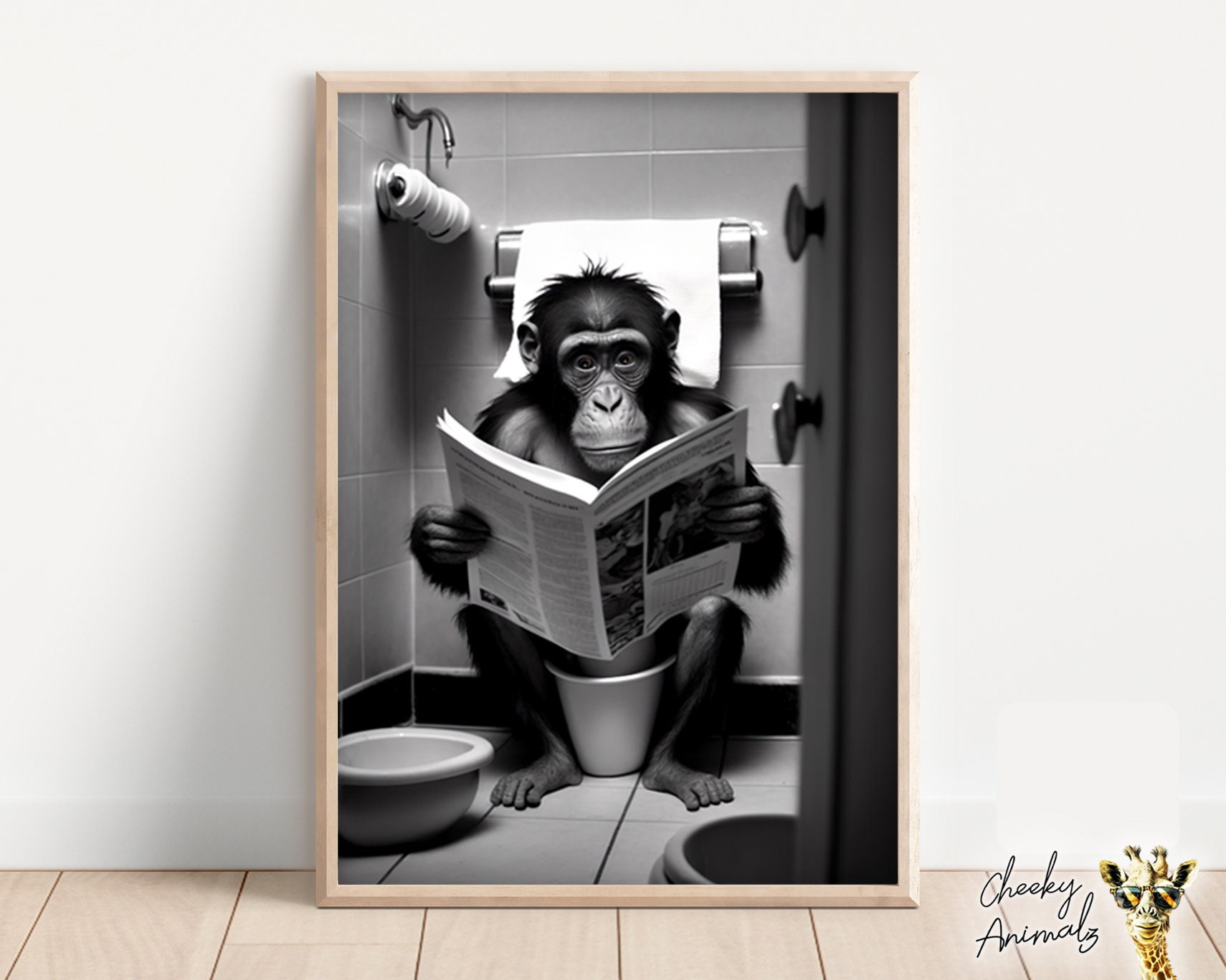 Monkey Sitting on the Toilet Reading a Newspaper Funny Etsy