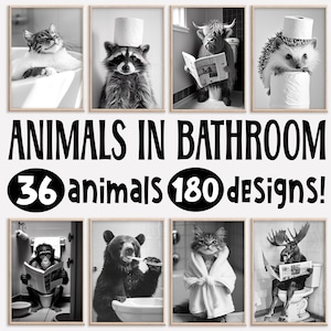 Conjunto de arte de pared con animales divertidos en el baño, linda decoración humorística para el lavadero, en el inodoro, en el baño, en bata de baño, cepillándose los dientes, arte de IA imprimible