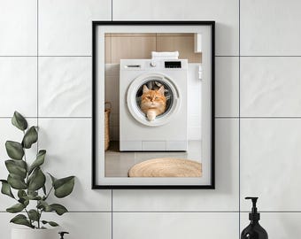 Funny Cat in Washing Machine Print: Retro Laundry Room Decor (Digital Download)
