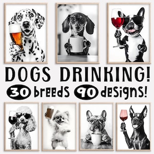 以下が含まれることがあります： 犬が様々な飲み物を飲んでいる、9枚の白黒のイラストのセット。画像の下には「DOGS DRINKING! 30 breeds 90 designs!」というテキストがあります。