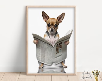 May include: A brown and white chihuahua dog sits on a white toilet and reads a newspaper. The dog is wearing a serious expression. The image is in a white frame.