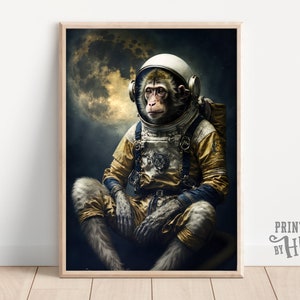 May include: A monkey wearing an astronaut suit sits in front of a large, glowing moon. The monkey is looking at the viewer with a serious expression. The background is a dark blue with stars.