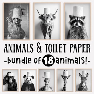 Arte divertido para la pared del baño, paquete de 18, animales con rollo de papel higiénico en la cabeza, vaca de las tierras altas, mapache, fotos de animales antiguos, impresiones artísticas de IA