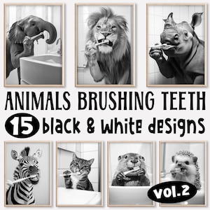 Arte divertido para la pared del baño, paquete de 15, animales cepillándose los dientes, fotos de animales de estilo vintage, paquete de estampados divertidos de animales, arte de IA imprimible