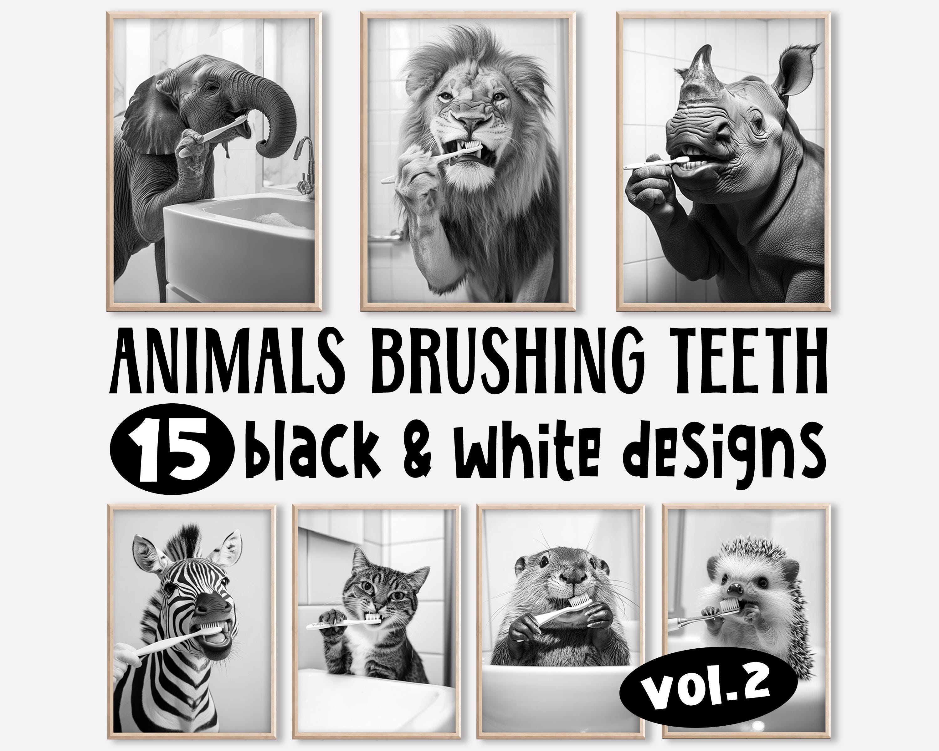 Funny Bathroom Wall Art, Bundle of 15, Animals Brushing Teeth, Vintage Style Animal Photos, Funny Animal Print Bundle, Printable AI Art
