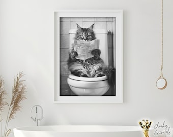 Funny Cat Bathroom Print: Animals on Toilet Wall Art (digital Download ...