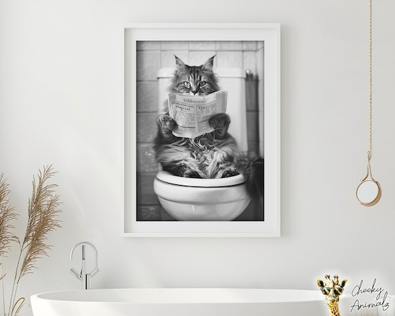 Stampa divertente di gatti per il bagno: animali sulla parete del water (download digitale) - Italia