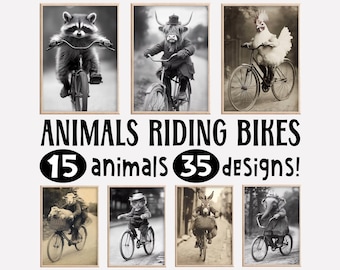 May include: A collection of black and white photos of various animals riding bicycles. The text "ANIMALS RIDING BIKES 15 animals 35 designs!" is displayed below the photos.