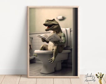T-Rex Sitting on the Toilet Reading a Newspaper, Funny Bathroom Humor, Wall Decor, Funny Dinosaur Print, Home Printables, AI Digital Prints