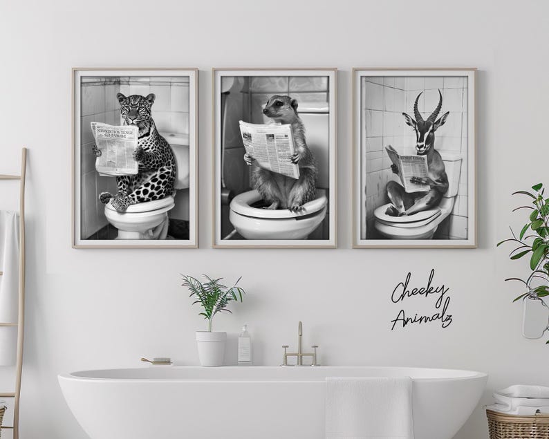 Funny Animals on Toilet Print Set: Bathroom Wall Art (digital Download ...