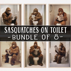 Sasquatches Sitting on the Toilet Reading a Newspaper, Bundle of 8, Funny Bathroom Wall Decor, Bigfoot, Mythical Creature, Printable, AI Art