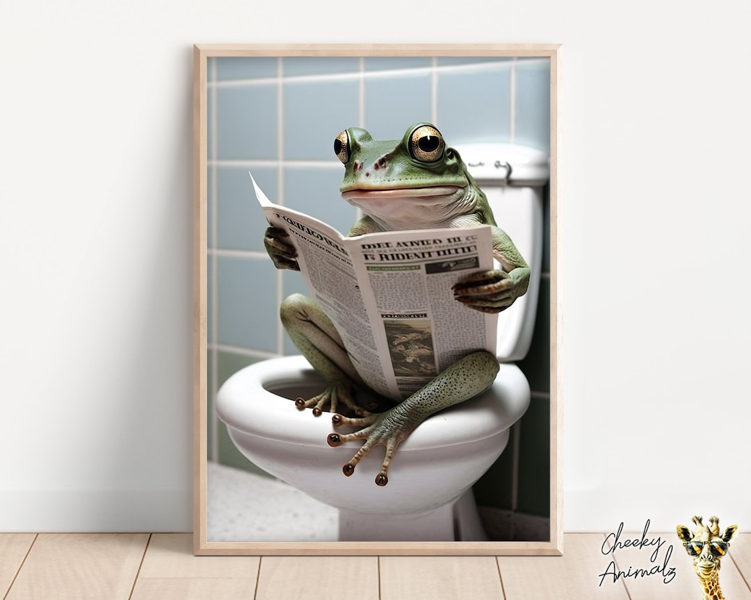 Frog Sitting on the Toilet Reading a Newspaper, Funny Bathroom Humor, Wall Decor, Funny Animal
