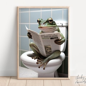 Rana seduta sul water che legge il giornale, umorismo divertente in bagno, decorazioni murali, stampe divertenti di animali, stampe per la casa, stampe digitali AI