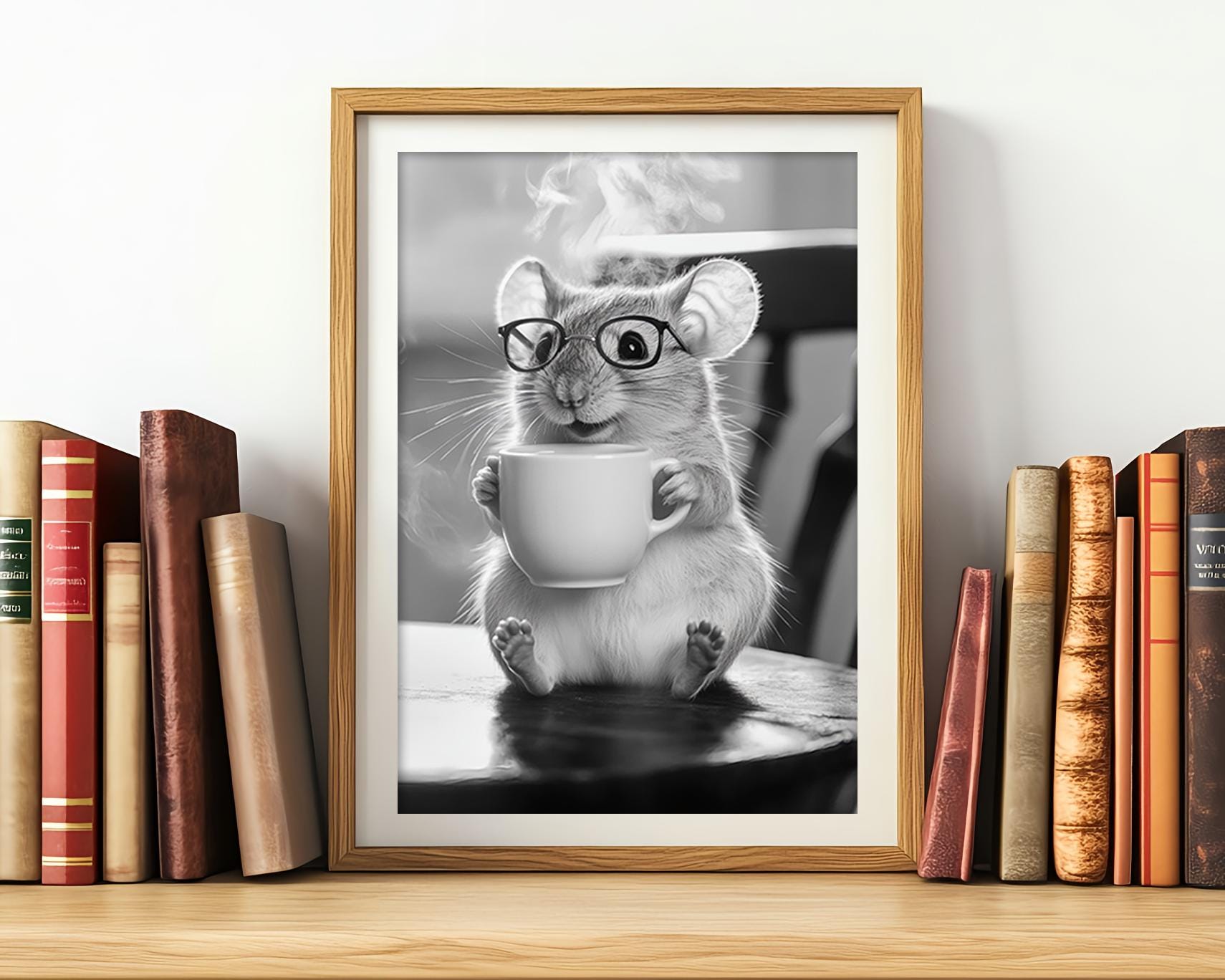 Mouse Drinking Coffee & Wearing Glasses, Funny Kitchen Wall Art, Vintage Style Retro Art, Coffee Shop Decor, Coffee Lovers, Printable AI Art