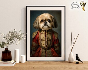 絵画 油絵 犬 シーズ 貴族風シーズー犬のルネッサンス肖像画：面白い動物の壁アート