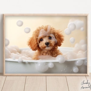 Poodle Pup in the Bathtub, Cute Dog Photograph, Poodle in Bubble Bath, Funny Animal Prints, Funny Bathroom Wall Art, Printables, AI Art