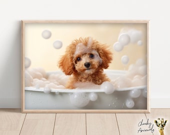 Poodle Pup in the Bathtub, Cute Dog Photograph, Poodle in Bubble Bath, Funny Animal Prints, Funny Bathroom Wall Art, Printables, AI Art
