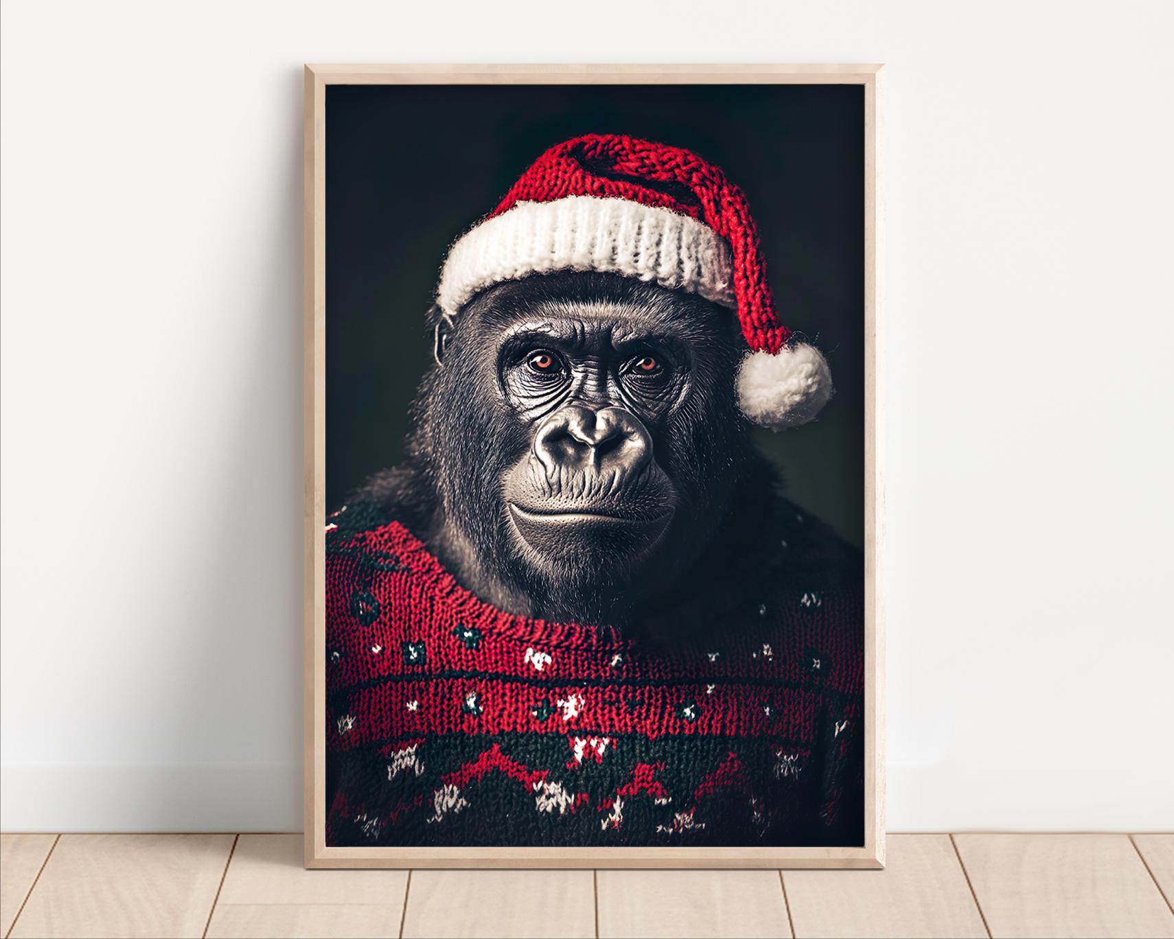 Funny Christmas Gorilla Print: Retro Holiday Wall Art (digital