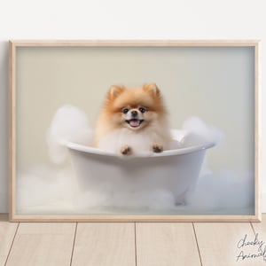 Pomeranian Pup in the Bathtub, Cute Dog Photograph, Pomeranian Bubble Bath, Funny Animal Prints, Funny Bathroom Wall Art, Printables, AI Art