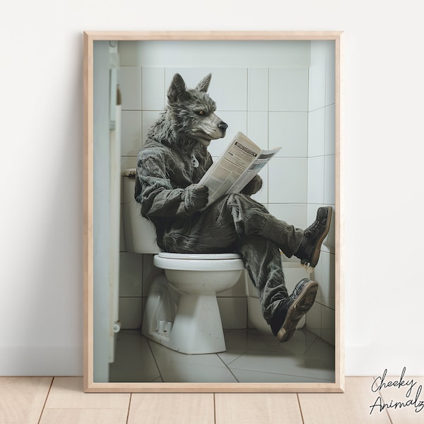 Werewolf Sitting on the Toilet Reading a Newspaper, Funny Bathroom Humor, Funny Mythical Creature Wall Art, Home Printables, AI Art Prints