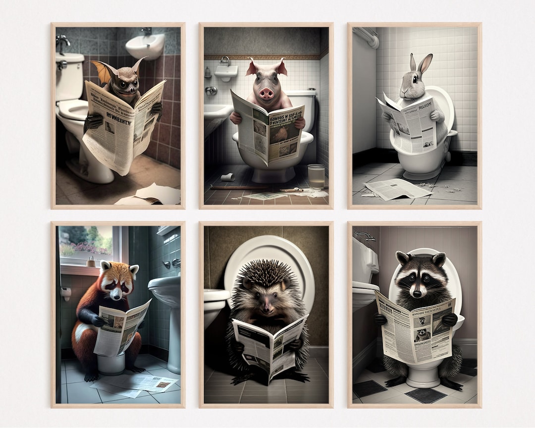 Animals Sitting on the Toilet Reading a Newspaper, Bundle of 6, Funny ...