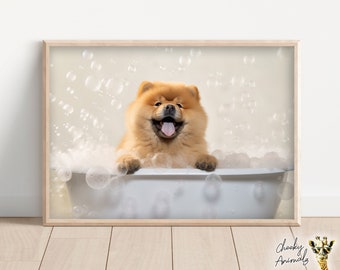 May include: A fluffy, light brown dog with a happy expression sits in a white bathtub filled with bubbles. The dog is surrounded by white bubbles and the background is a light beige.
