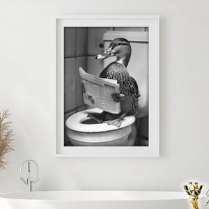 Duck Sitting on the Toilet Reading a Newspaper, Funny Bathroom Wall Art, Funny Vintage Style Animal Photo, Animal Print, Printable AI Art