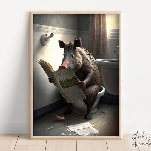 Wildschwein sitzt auf der Toilette und liest eine Zeitung, lustiges Badezimmer Humor, Wand Dekor, lustige Animal Print, Home Printables, AI Digital Art