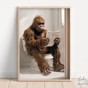 Sasquatch Sitting on the Toilet Reading a Newspaper, Funny Bigfoot Print, Funny Bathroom Printables, Mythical Creature Wall Art, AI Art