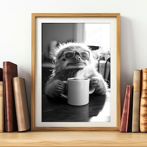 Sloth Coffee Print: Funny Animal in Glasses, Retro Kitchen Art (Digital Download)