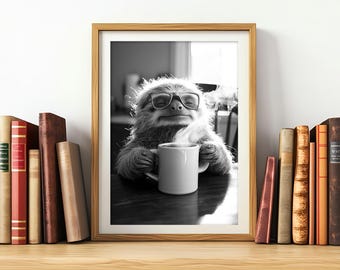 ナマケモノのコーヒープリント：グラスに入った面白い動物、レトロなキッチンアート（デジタルダウンロード）