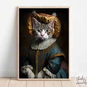 May include: A digital painting of a cat wearing a gold and blue dress and a gold crown. The cat has a white face and grey and white fur. The background is a dark brown.