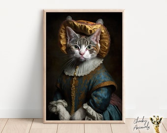 Aristocratic Lady Cat, Funny Animal Wall Decor, Renaissance Painting, Cat Portrait, Quirky Animals, Home Decor, Printables, AI Digital Art