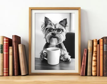 Yorkshire Terrier Coffee Print: Funny Dog with Glasses, Kitchen Wall Art (Digital Download)